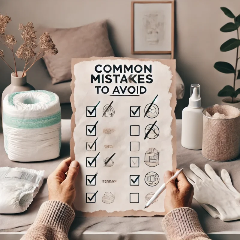 DALL·E 2025 01 02 13.03.17 A visually engaging image designed for a blog header titled Common Mistakes to Avoid When Using Adult Diapers. The scene includes an individual with