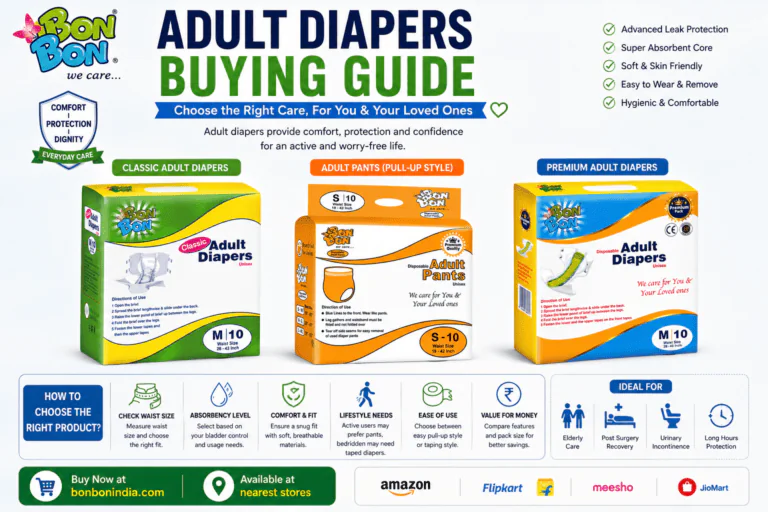 Adult diapers buying guide India 2026 — top brands, sizes, absorbency levels, and pricing from BonBon India