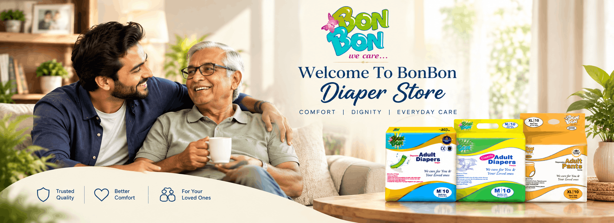 BonBon adult diaper pants online in India – smiling elderly Indian couple with Premium and Classic adult diaper packs for trusted everyday comfort and dignity.
