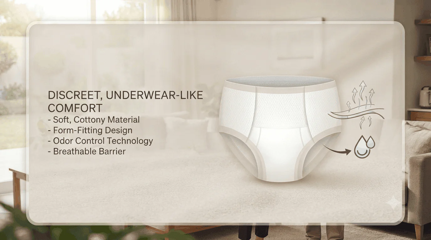 BonBon adult diaper pants — discreet, underwear-like comfort with soft cottony material and odor control
