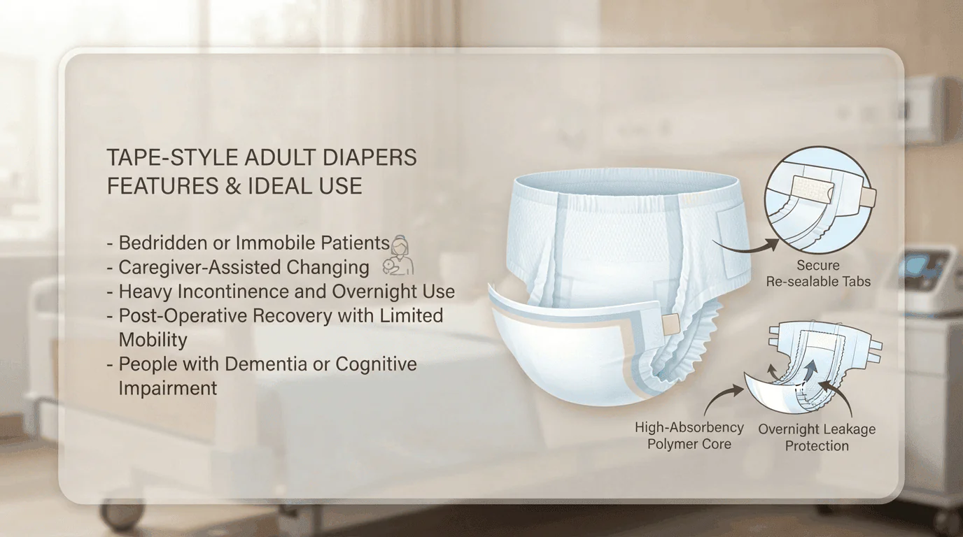 Tape-style adult diapers for bedridden patients — secure re-sealable tabs and high-absorbency polymer core