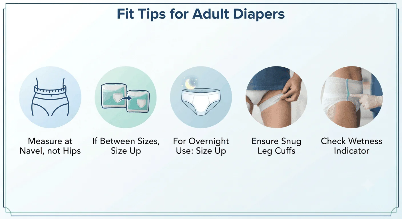 Adult diaper fit tips — measure waist at navel, size up if between sizes, size up for overnight use, ensure snug leg cuffs