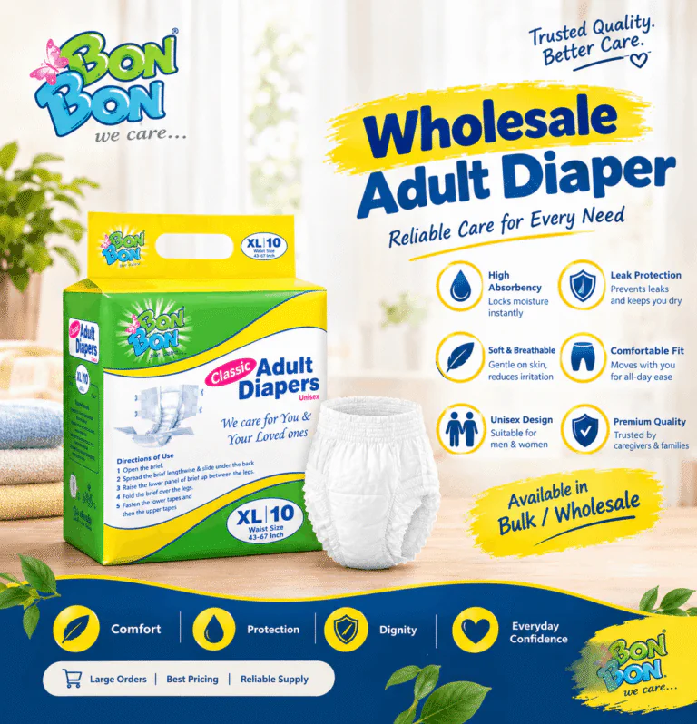 Bulk wholesale adult diapers stacked in BonBon India warehouse for B2B distribution