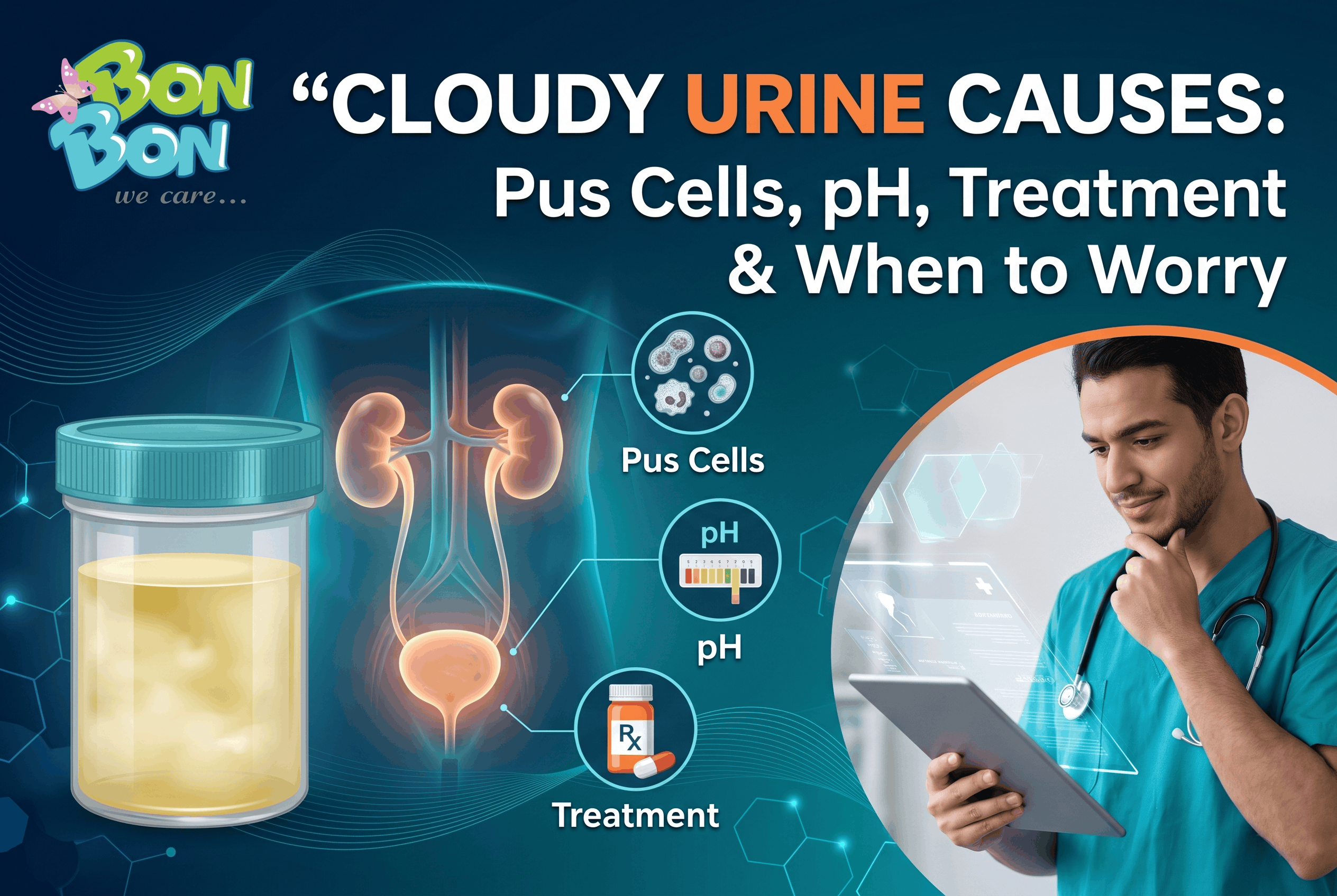 Clear normal urine sample compared to cloudy turbid urine indicating pus cells and urinary infection