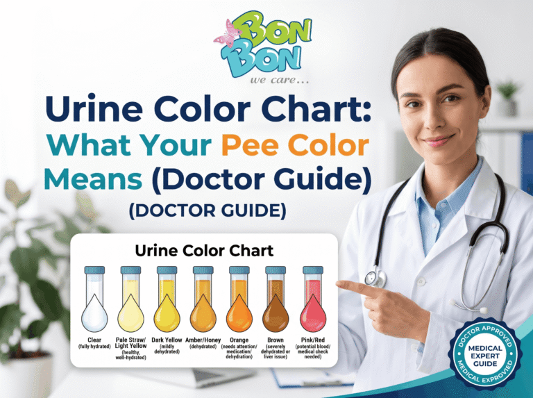Complete urine color chart showing hydration shades from clear and pale yellow to amber, cloudy, red, and brown pee