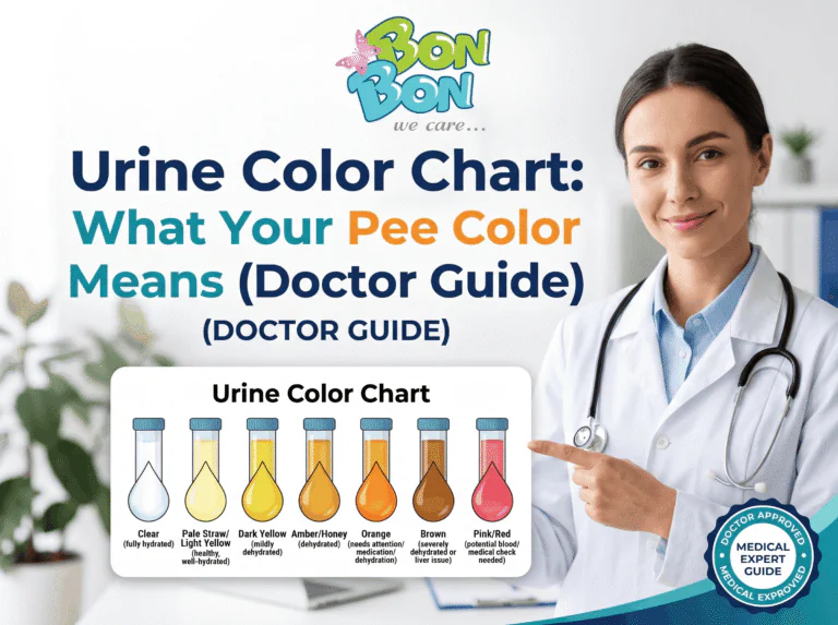 Complete urine color chart showing hydration shades from clear and pale yellow to amber, cloudy, red, and brown pee