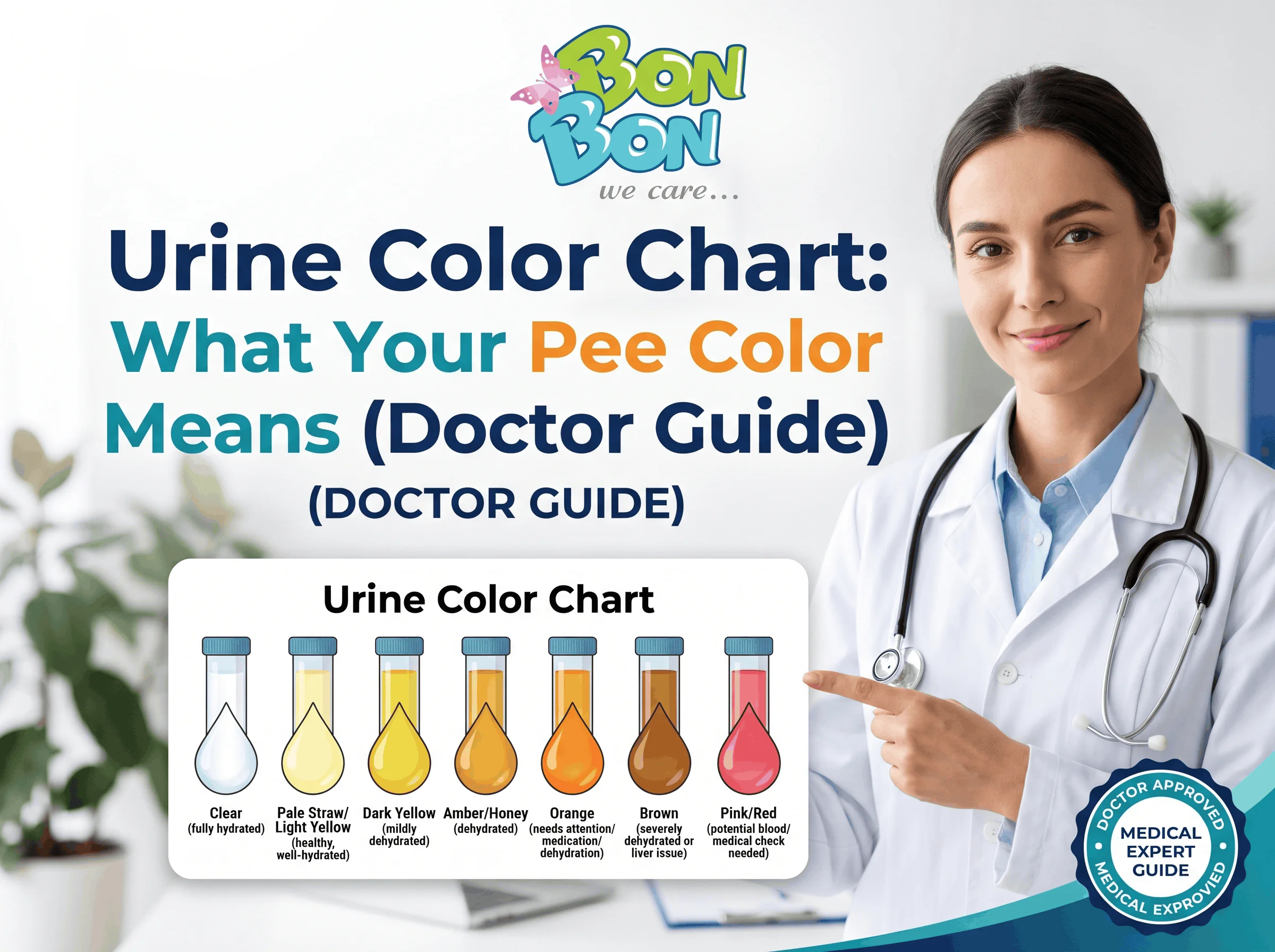 Complete urine color chart showing hydration shades from clear and pale yellow to amber, cloudy, red, and brown pee