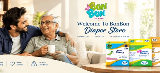 BonBon adult diaper pants online in India – smiling elderly Indian couple with Premium and Classic adult diaper packs for trusted everyday comfort and dignity.